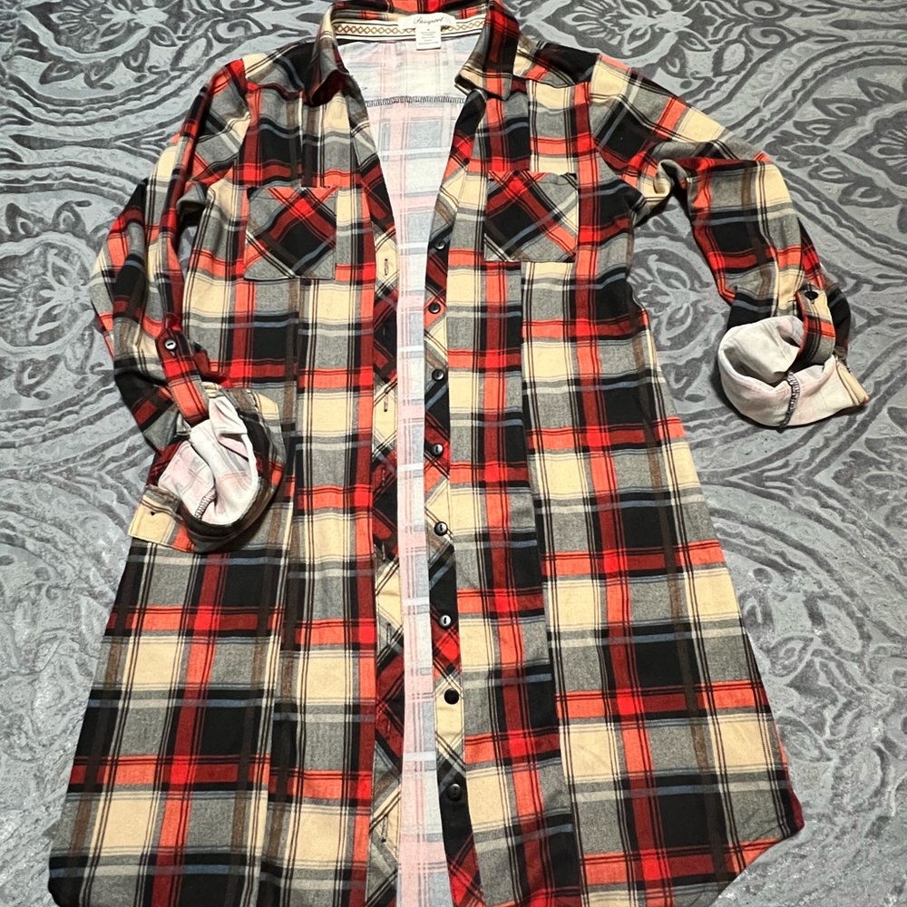 Passport Red and Black Button Down Blouse with Notched Collar